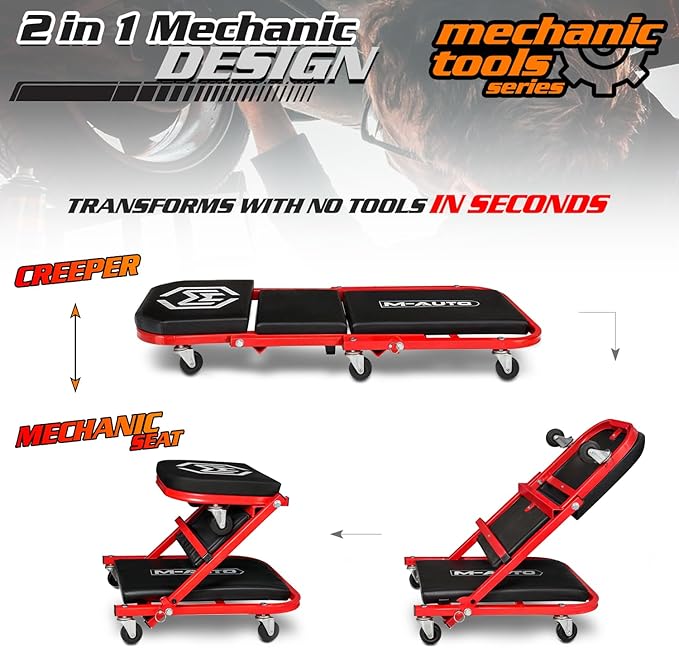 M-AUTO 40-Inch Folding Creeper Rolling Seat, All-in-One Adjustable Roller