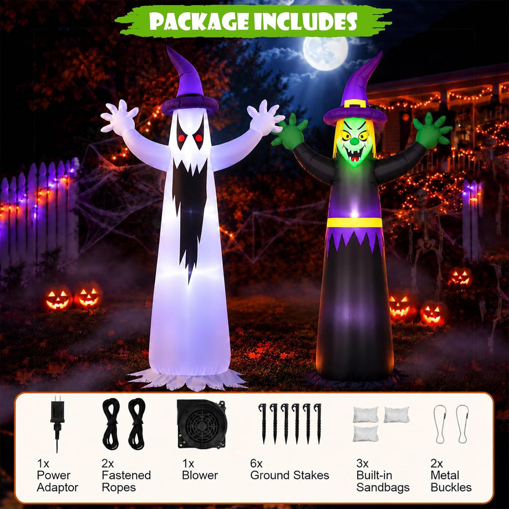 8FT Double-Sided Halloween Inflatable Witch & Ghost Blow Up