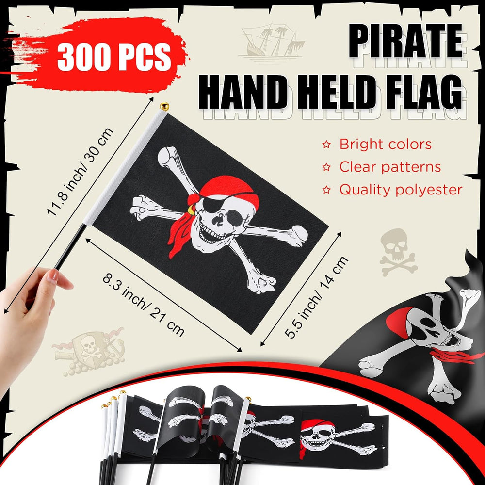 300 Pcs Pirate Mini Flag on Stick Plastic Flag, 5.5 x 8.3 Inch Hand Held Mini...