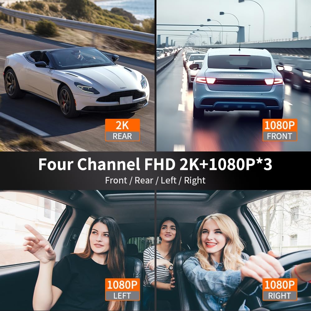 360ยฐ Dash Cam Front and Rear View 4 Channel Dash Camera FHD 2K+1080Px3 for Ca...