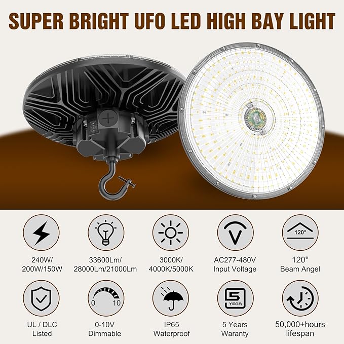 480V UFO LED High Bay Light 240W 200W 150W Adjustable, UL DLC Listed Dimmable