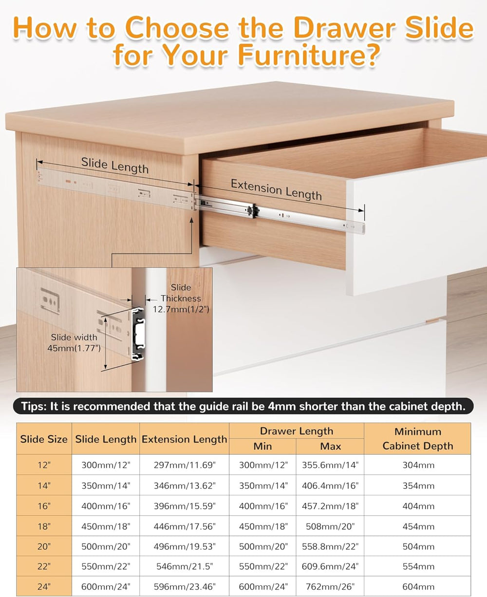 Chibery 14" Side Mount Soft Close Drawer Slides, Full Extension, 10 Pairs