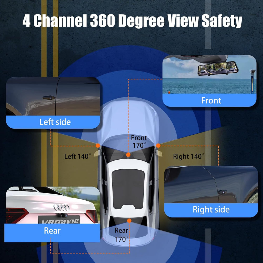 360ยฐ View 4 Channel Mirror Dash Cam Detached Side Camera for Cars