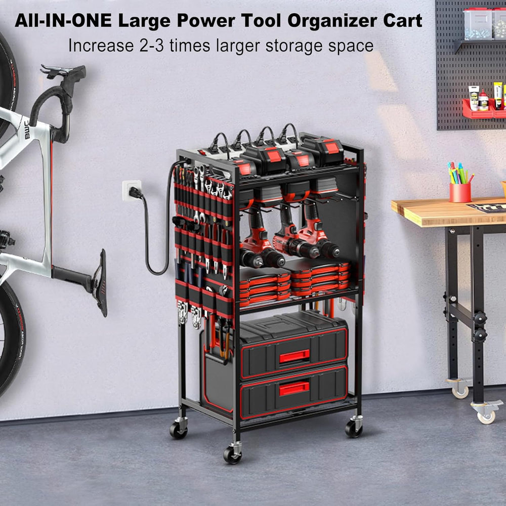 Power Tool Organizer Cart with Charging Station, 6 FT Cord, Red