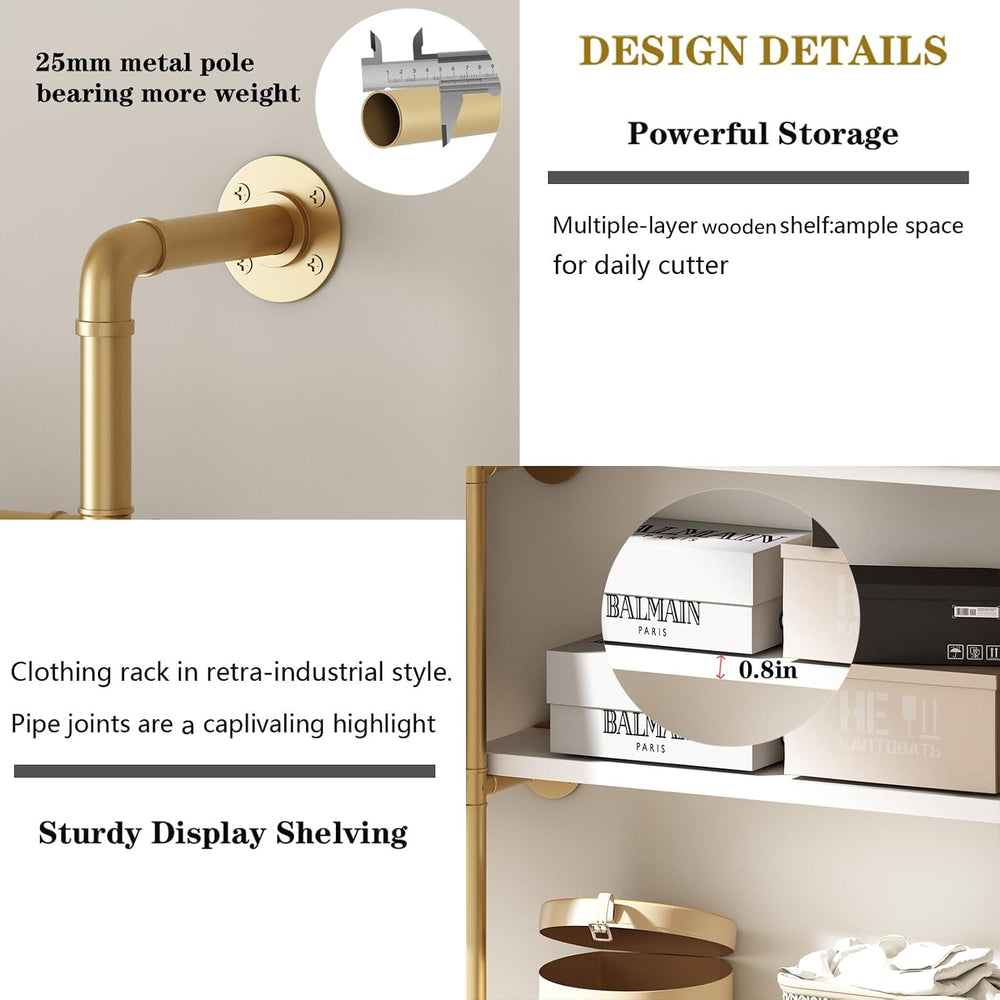HOMEKAYT Industrial Pipe Clothes Rack with Shelves, Gold Clothing Rack Wall M...