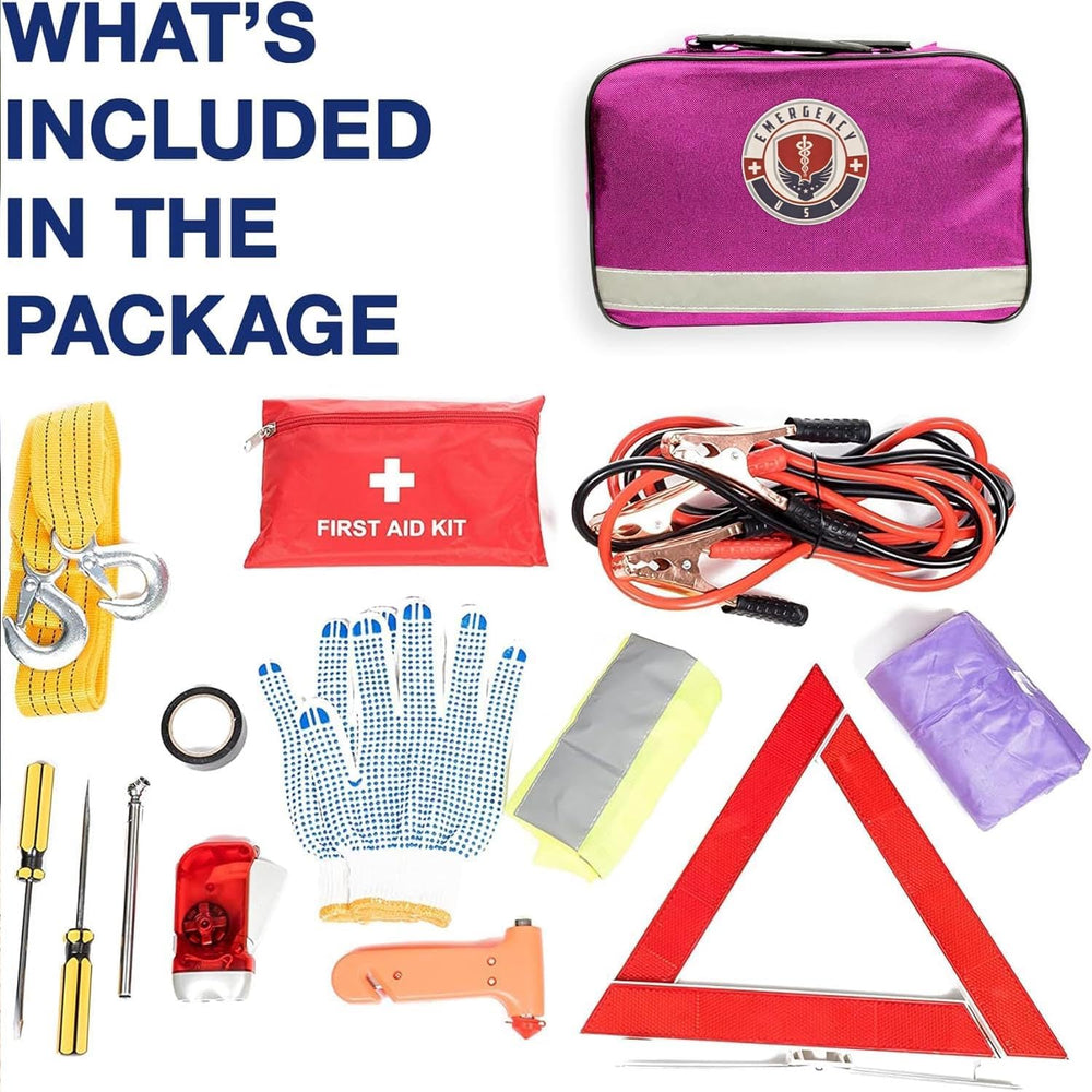 Roadside Assistance Emergency Car Kit - First Aid Kit, Jumper Cables, Tow Str...