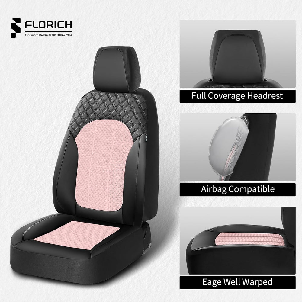 Pink Car Seat Covers Full Set Leather Mesh Front and Rear Seat Cover Automoti...