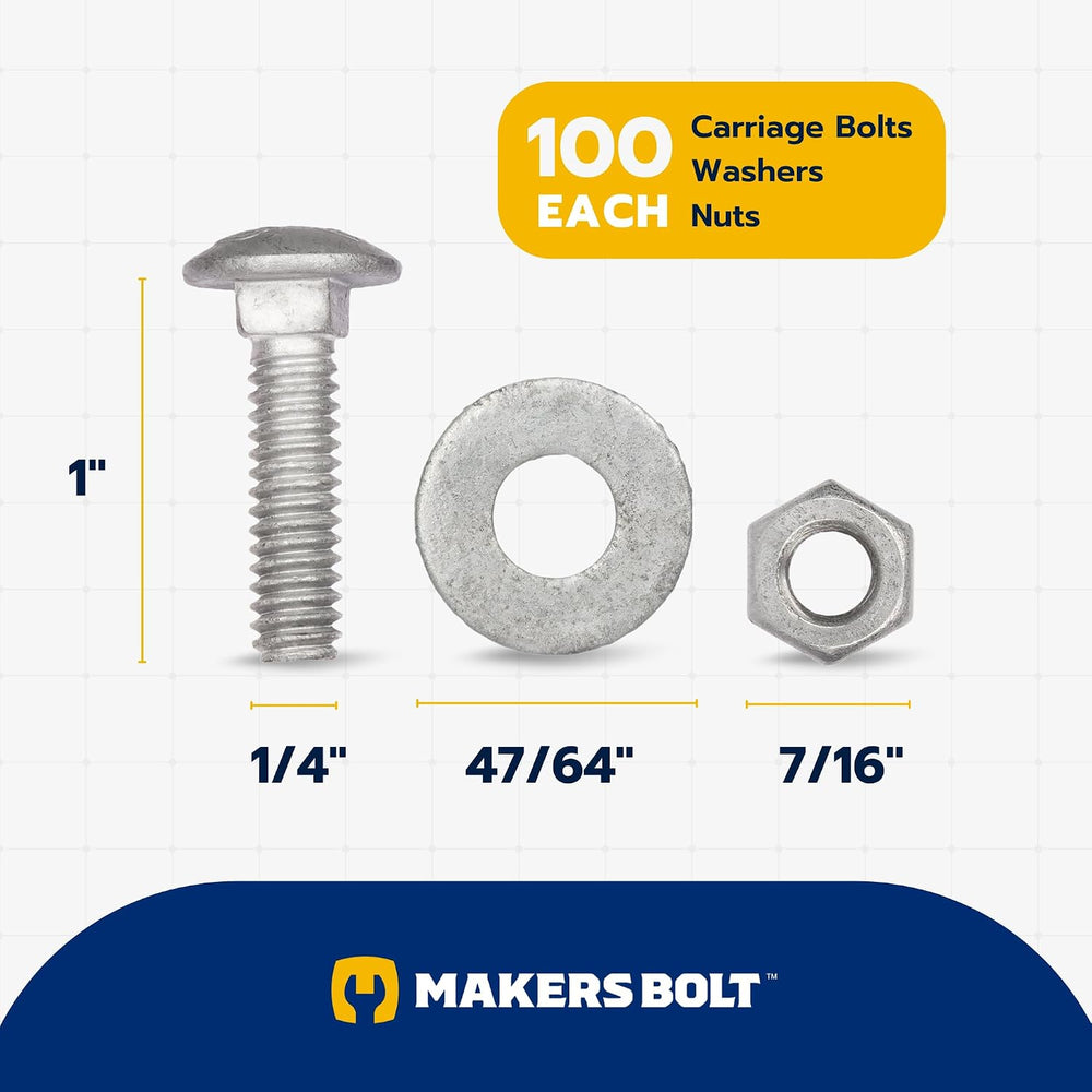 1/4" x 1" (100 Pack) Galvanized Carriage Bolt Kit Grade 307A Includ...
