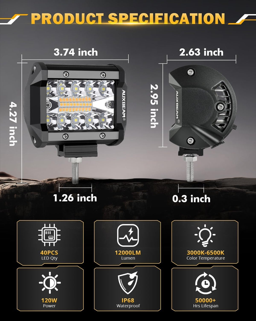 Auxbeam LED Pod Lights 120W 4 Inch Amber White Auxiliary Off-Road Light Bar