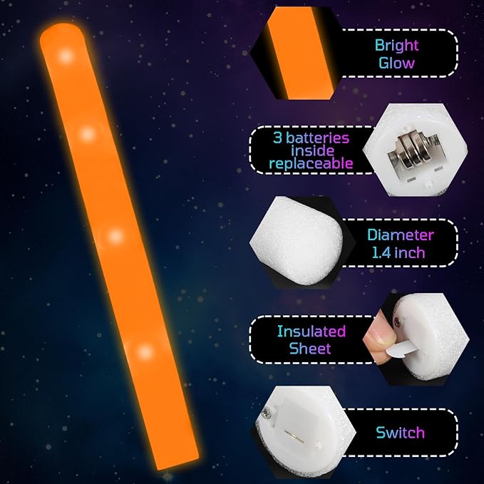 Foam Glow Sticks Bulk, 30 PCS Orange Light Up Foam Sticks 3 Modes, Glow Party...