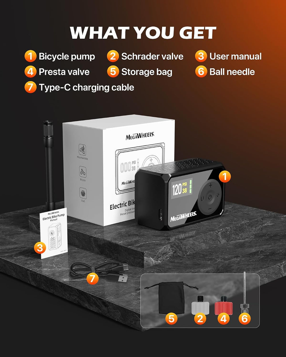 MEGAWHEELS Mini Bike Pump with Gauge, 120/150PSI Bike Tire Inflator with Pres...