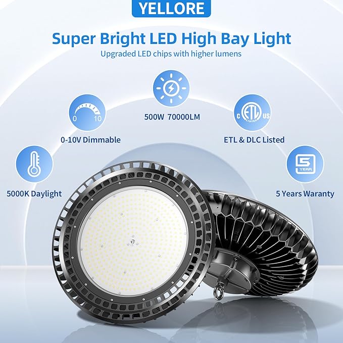 9 Pack 500W LED High Bay Light 72, 500LM DLC ETL Listed Industrial Grade UFO ...