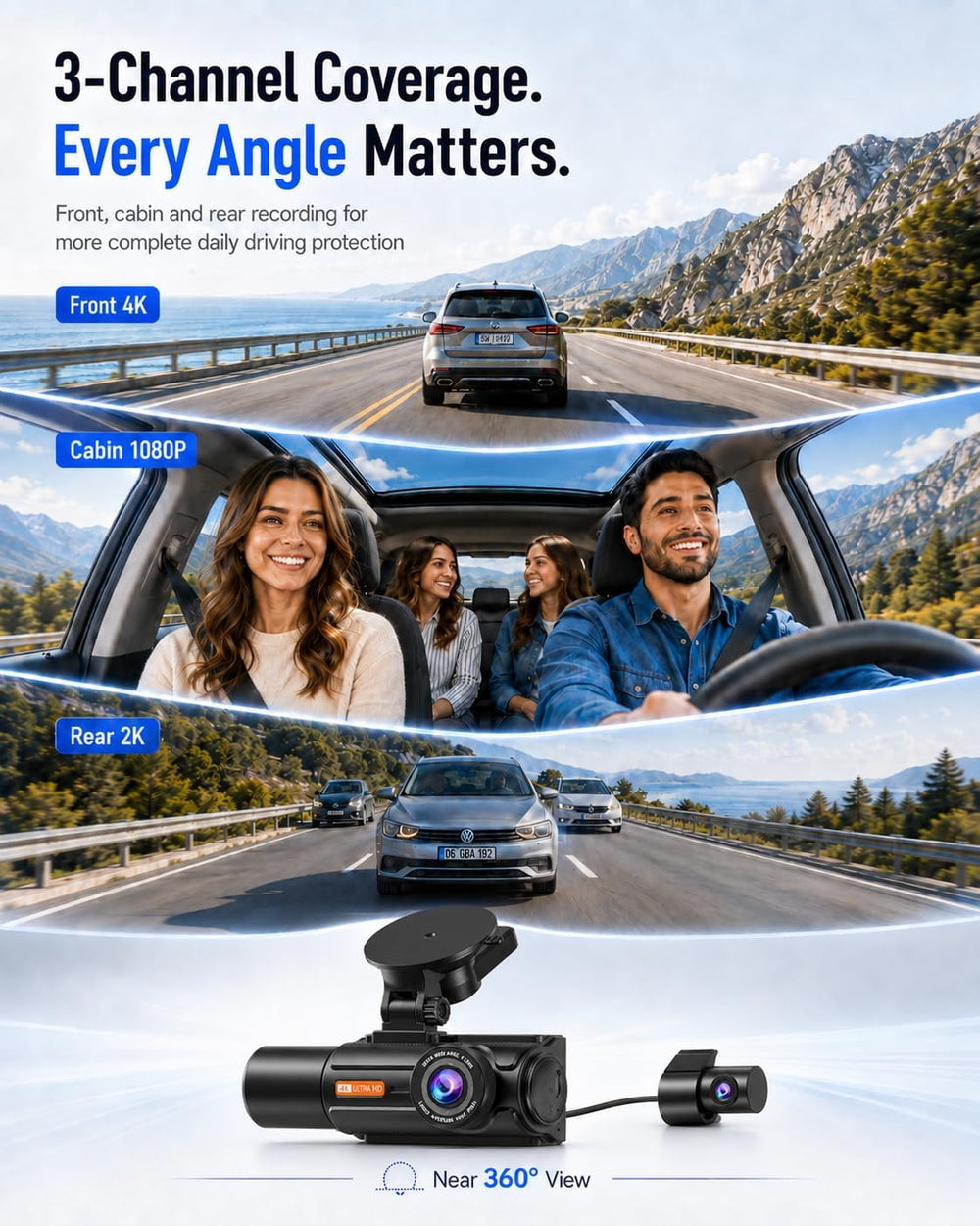 3 Channel Dash Cam Front 4K Rear 2K Inside 1080P, STARVIS 2 Car Camera with 1...