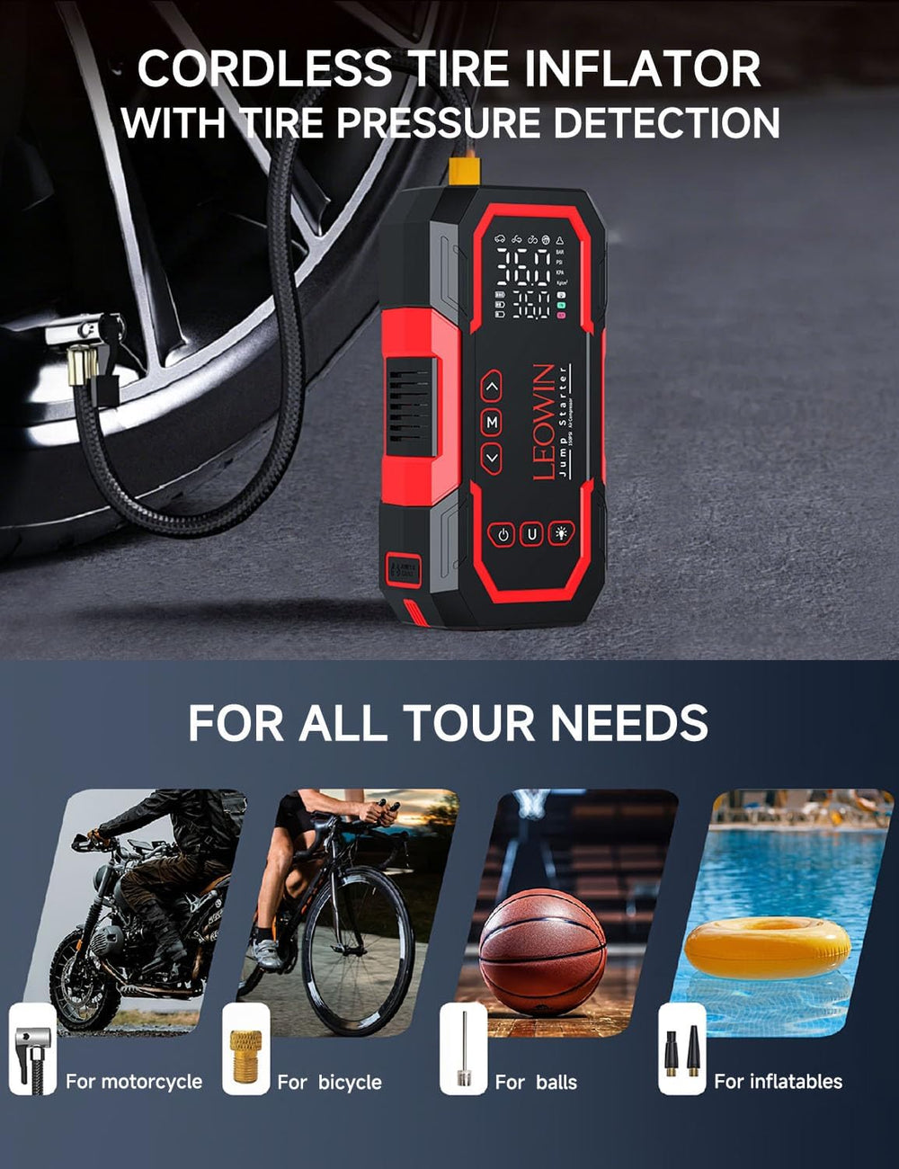LEOWIN Jump Starter with Air Compressor Portable, Red