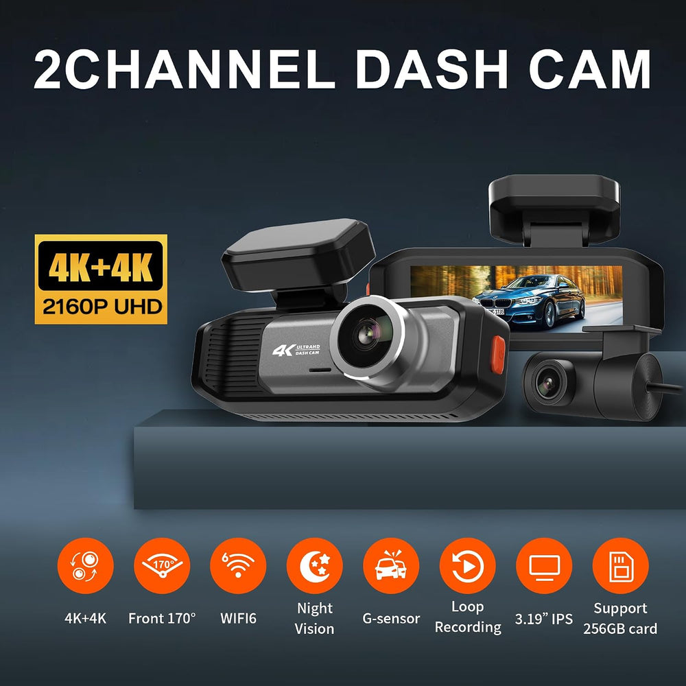 4K+4K Dash Cam Front and Rear, 5.8GHz WiFi 6, Night Vision, Free 32GB Card