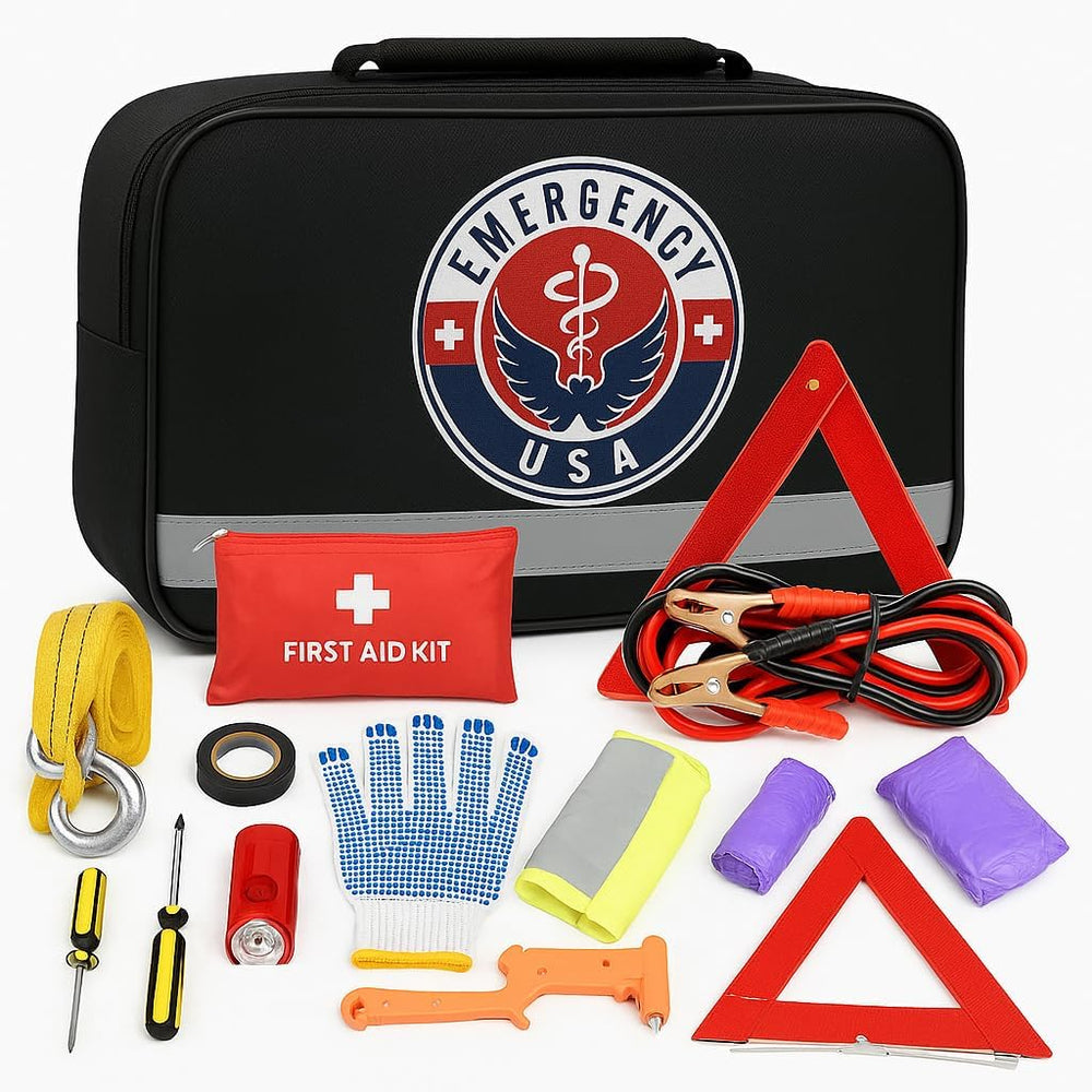 Roadside Car Emergency Kit - First Aid Set, Jumper Cables, Tow Strap, LED Fla...