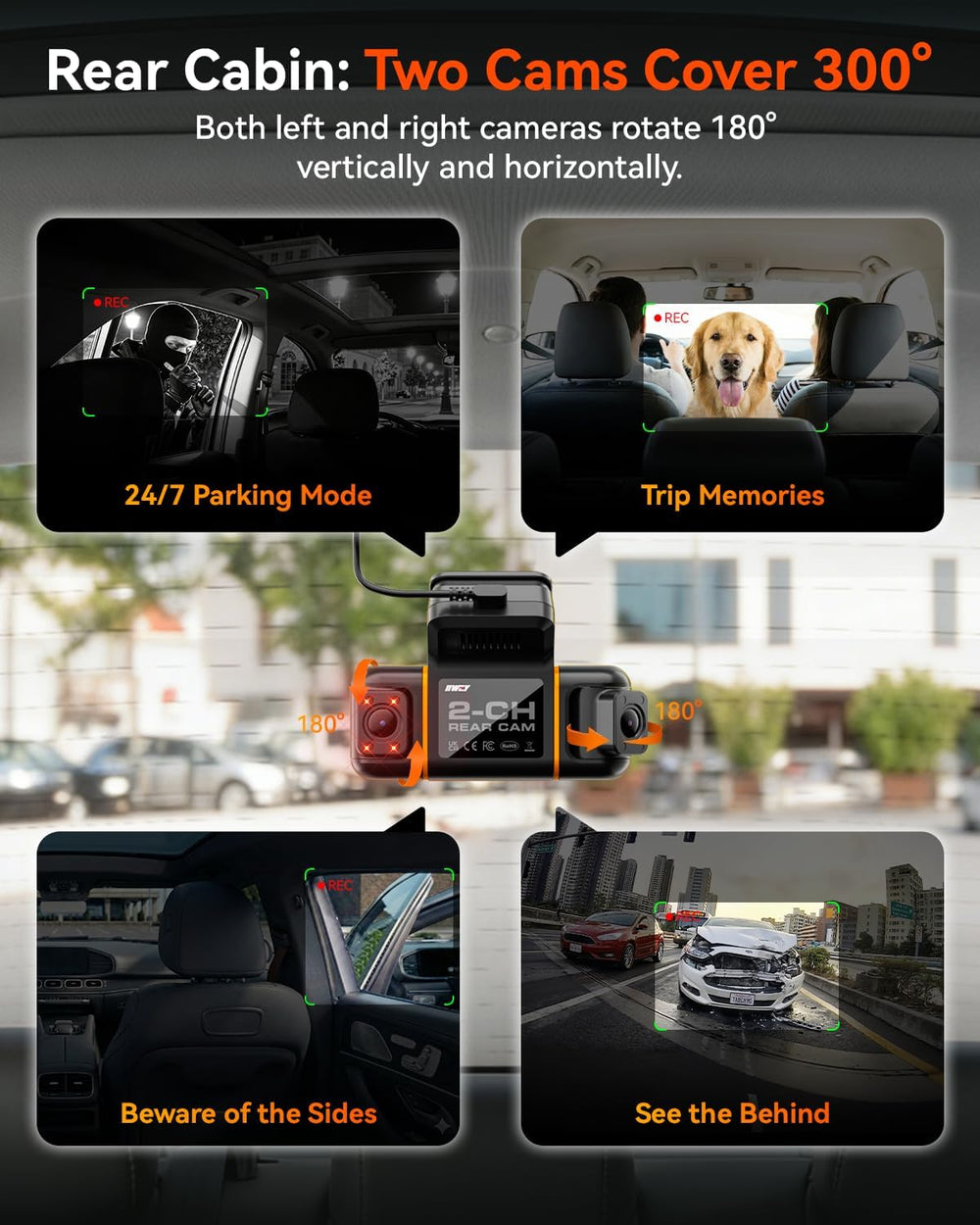 IIWEY N9 360ยฐ 5 Channel Dash Cam, Free 128GB Card, 12 IR LEDs Night Vision