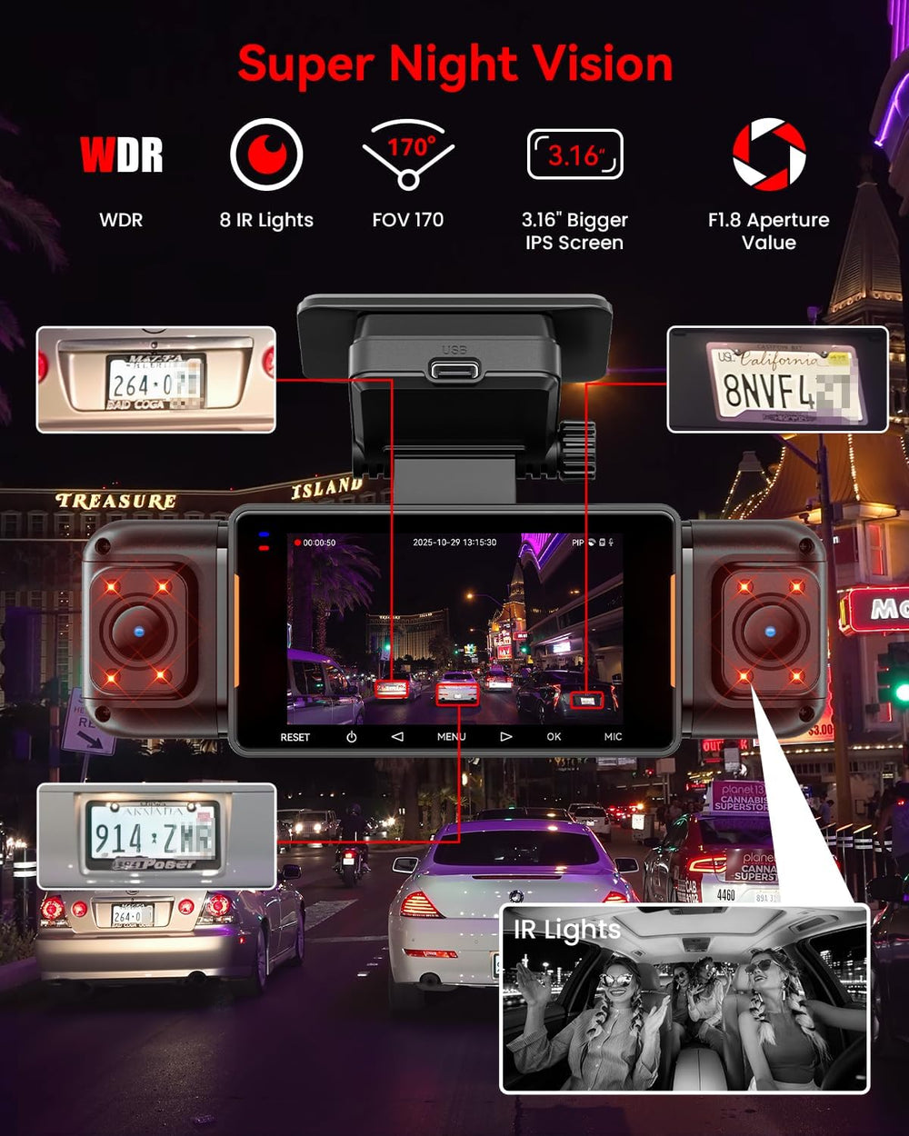 IIWEY N5 PRO 4K 4 Channel Dash Cam, 360ยฐ View 1080P Rear Inside