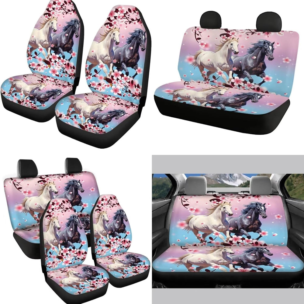 12 Pcs Pink Cherry Blossom Horse Car Seat Covers Full Set,Car Protectors,Univ...