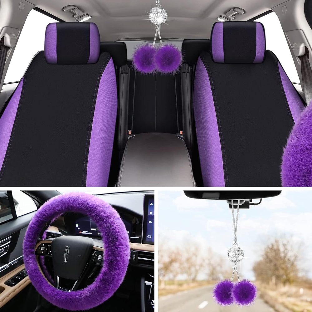 Tallew 17 Pcs Purple Fluffy Car Seat Cover Full Set for Women