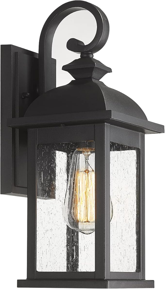 FEMILA Outdoor Wall Sconce, 14.9" Matte Black Seeded Glass Outdoor Sconc...