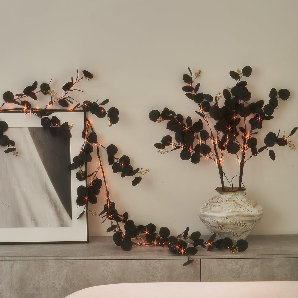 Hairui Lighted Black Eucalyptus Garland with Timer 96 LED Orange and Warm Whi...