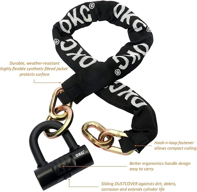 OKG Ultra Security Motorcycle Chain Lock, 4 Keys, 5 ft x 1/2in Thick Motorcycle