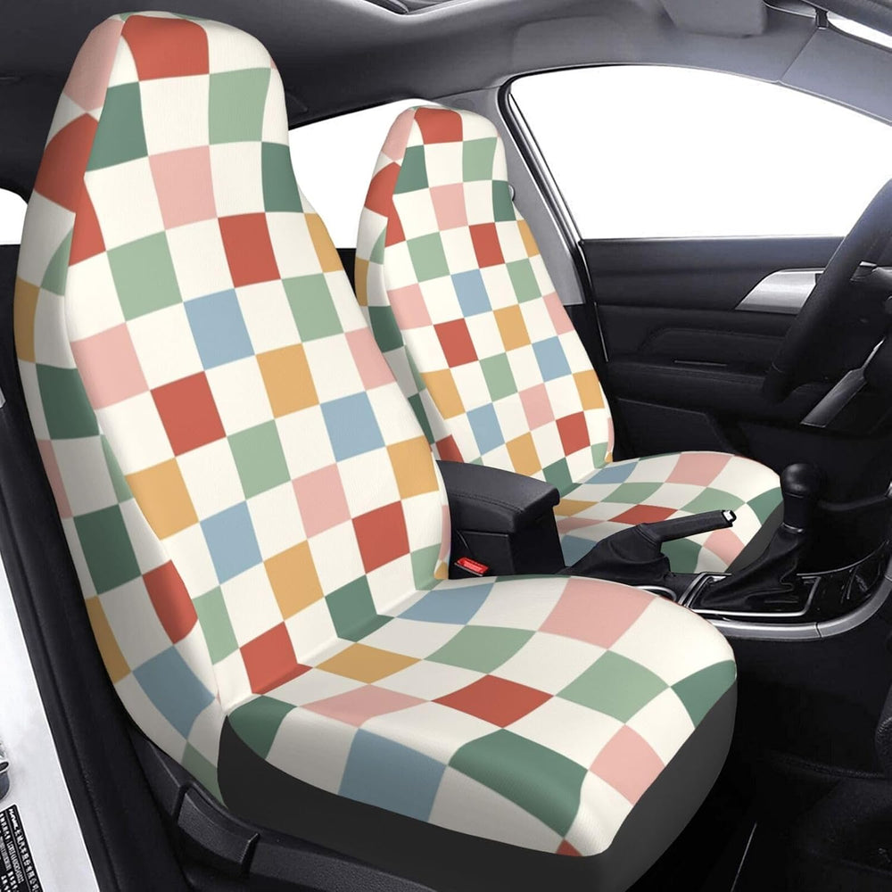Rainbow Checkerboard Retro Car Seat Covers Universal 2 Pcs Auto Front Seat Co...