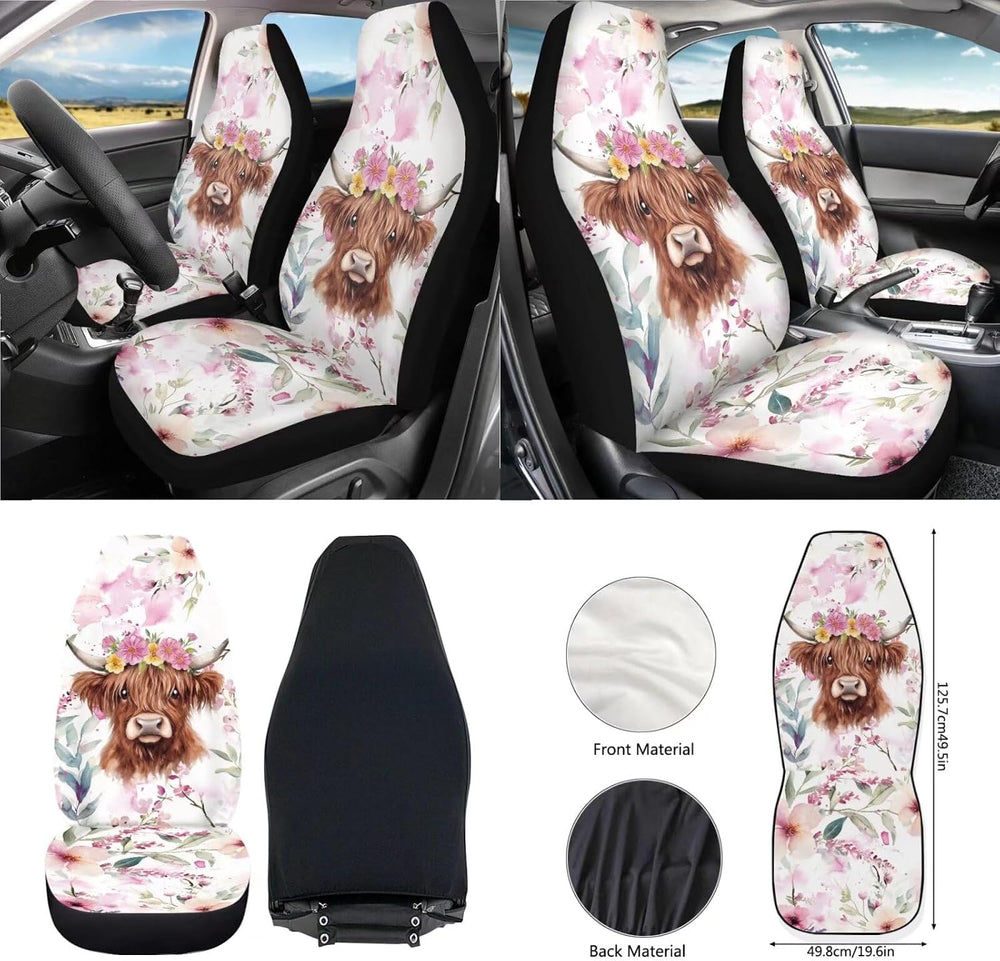 Wanyint Highland Cow Flower Pink Front Car Seat Cover Full Set with Steering ...