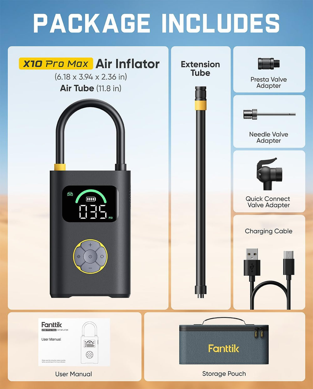 Fanttik X10 Pro Max 150PSI Tire Inflator for SUV, 36s Fast Inflate Air Pump