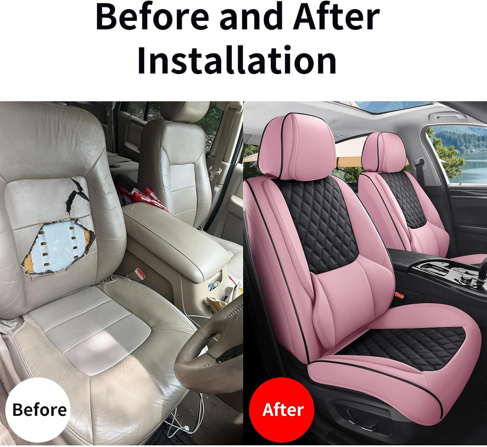 Pink Black Leather Car Seat Covers Full Set Universal Fit for Most 5 Seats