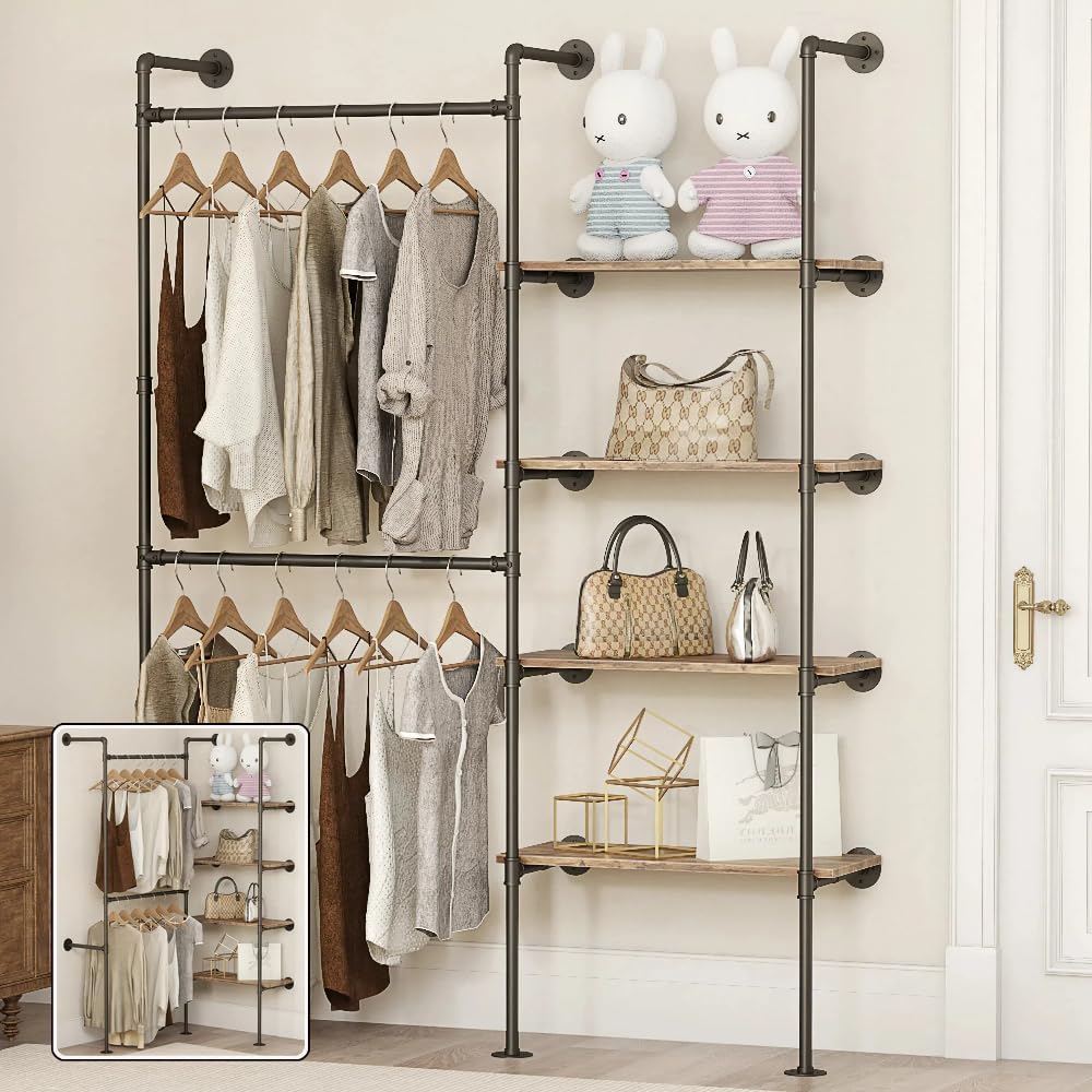 Industrial Pipe Clothing Rack with Shelves