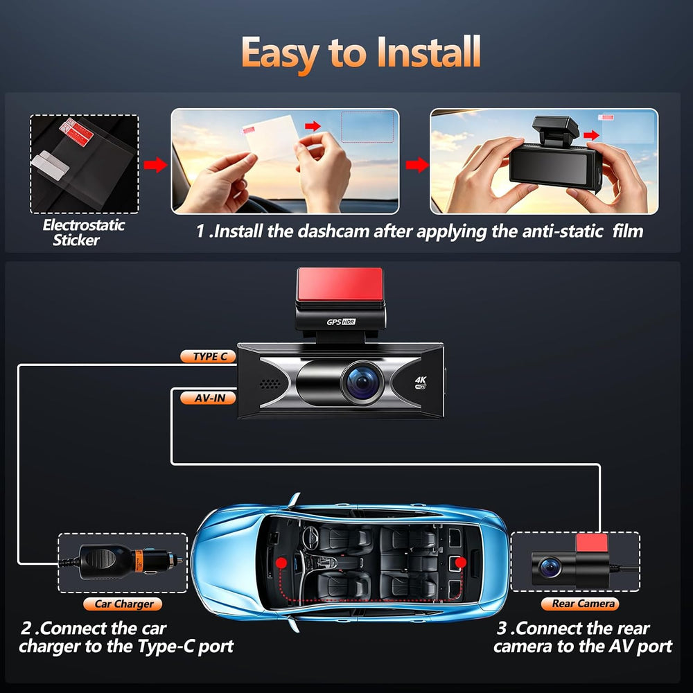 4K Dual Dash Cam Front and Rear,Starlight Night Vision G Sensor ADAS