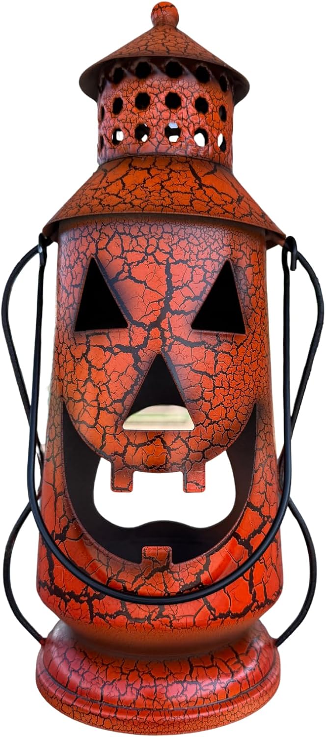 Clovers Garden Halloween Pumpkin Rustic Lantern with Handle 11.5" Tall