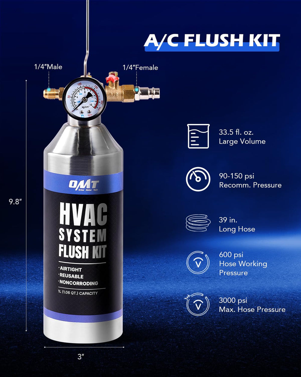 OMT AC Flush Kit with 33.5 oz Tank for R134a R12 R22 R410a