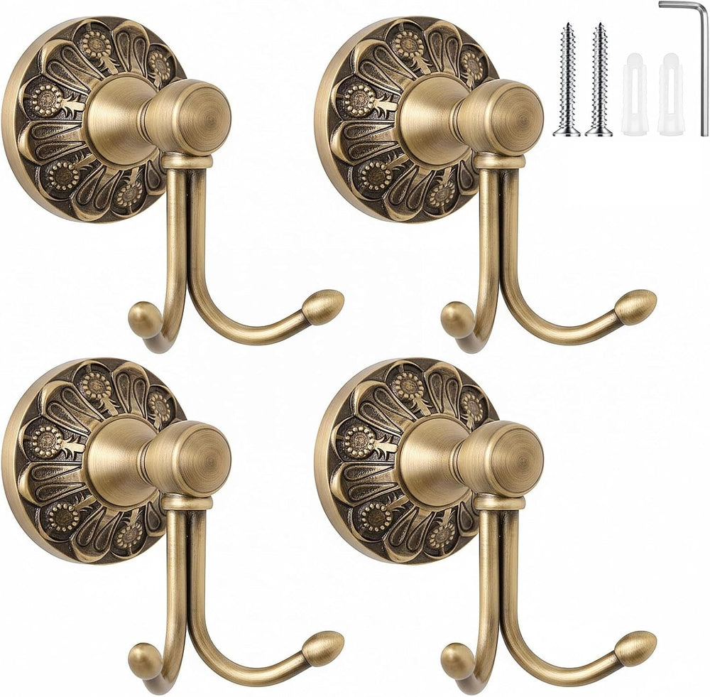 Yaocom 4 Pack Antique Towel Hooks Wall Mounted, Brass, Double