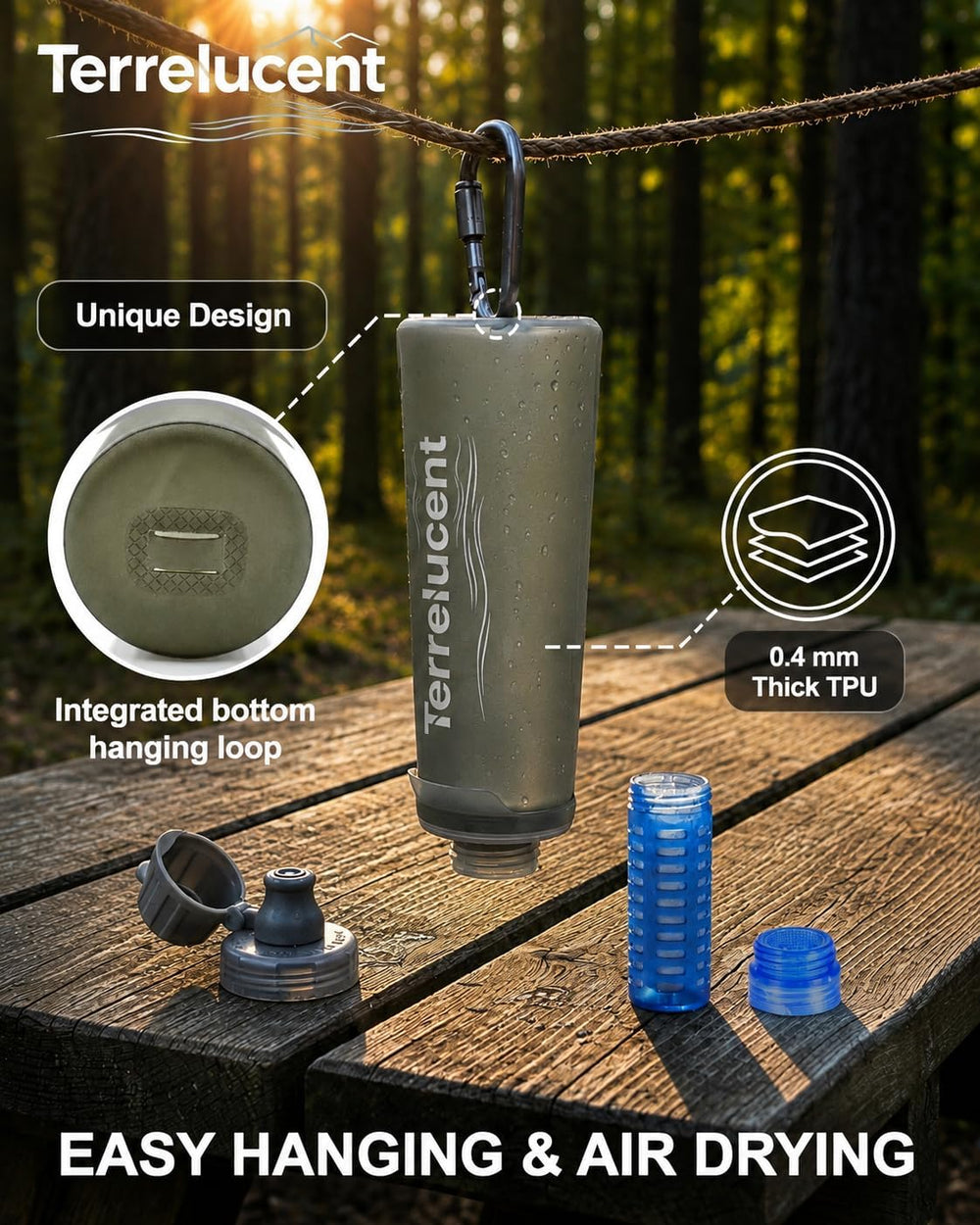 Collapsible Water Bottle with Filter, 25.4oz/750mL, BPA-Free Gray TPU