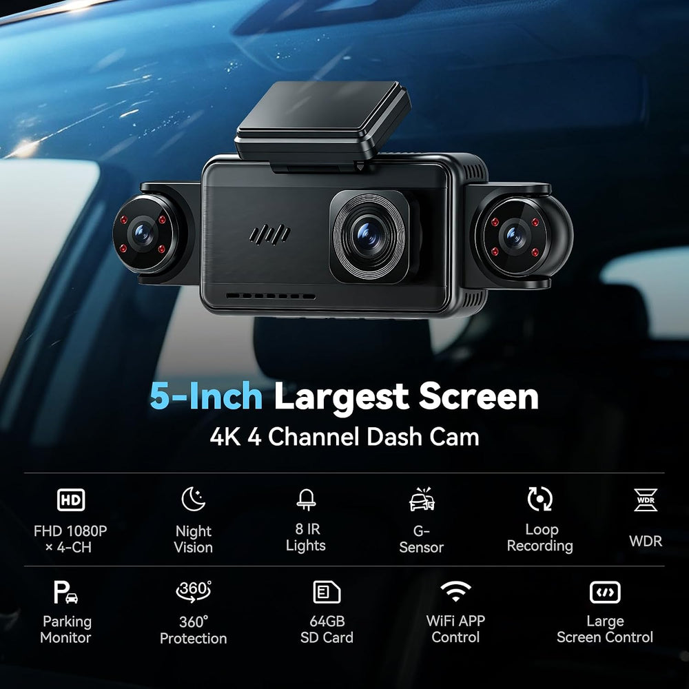 5'' Extra Large 4K Dash Cam Front Rear Left Right, 360ยฐ 4 Channel Das...
