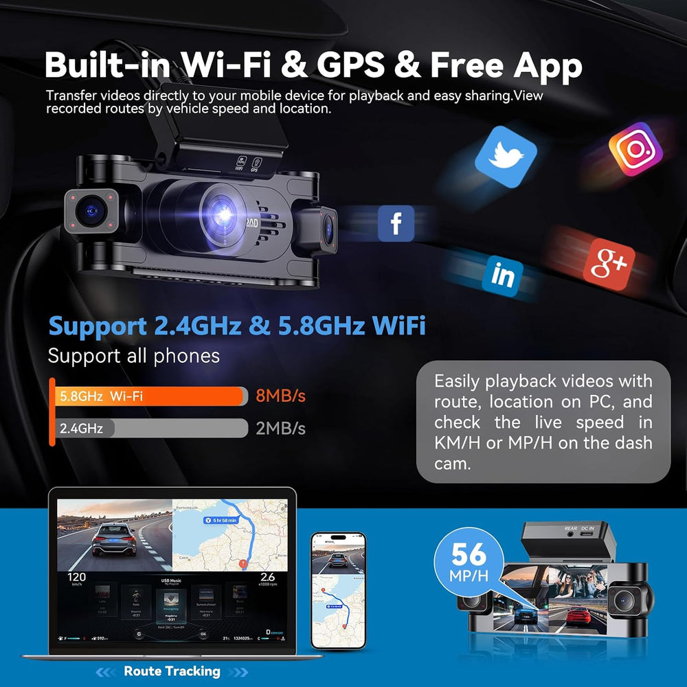 4K 4 Channel Dash Cam Front and Rear, 360 Car Camera, GPS & WiFi, 64GB Card