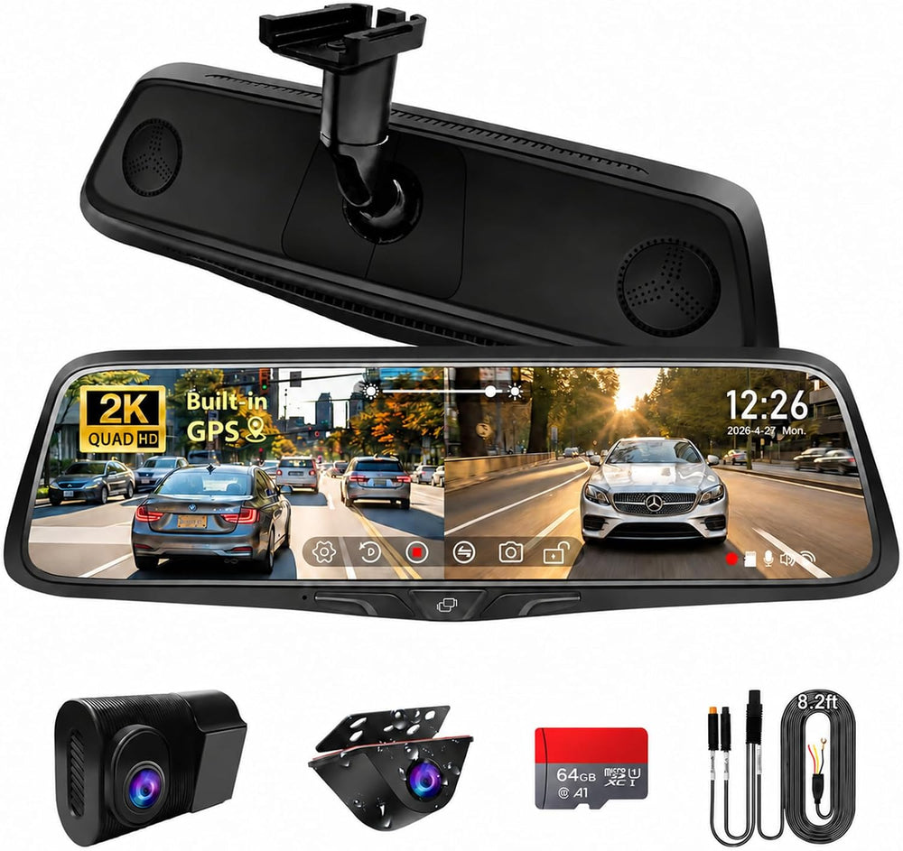 10" OEM Mirror Dash Cam with Detached Front Camera,Rear View Zoom,64GB Card
