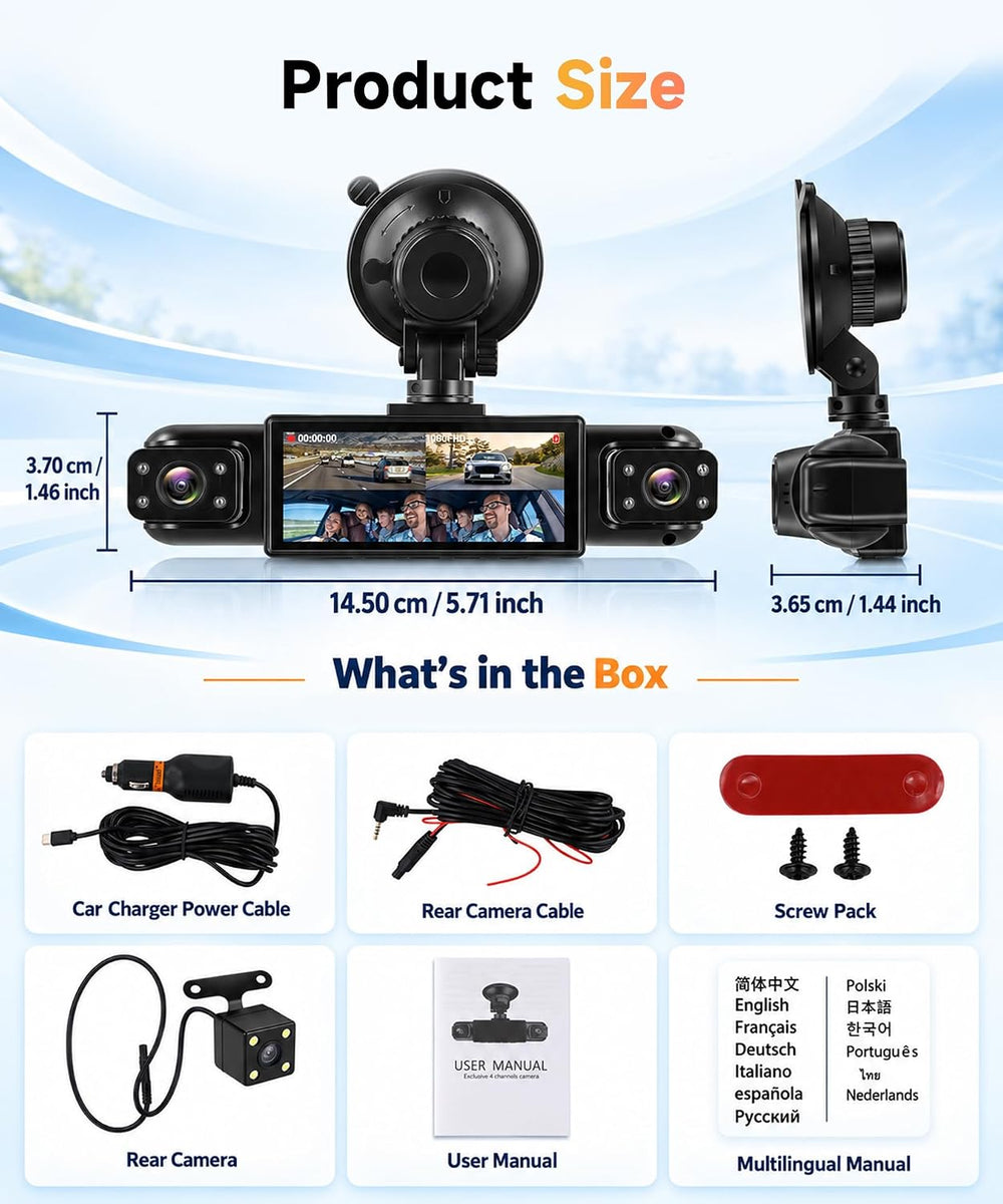 4 Channel 360ยฐ Dash Cam, FHD 1080P Dash Camera Front Rear Left Right Inside
