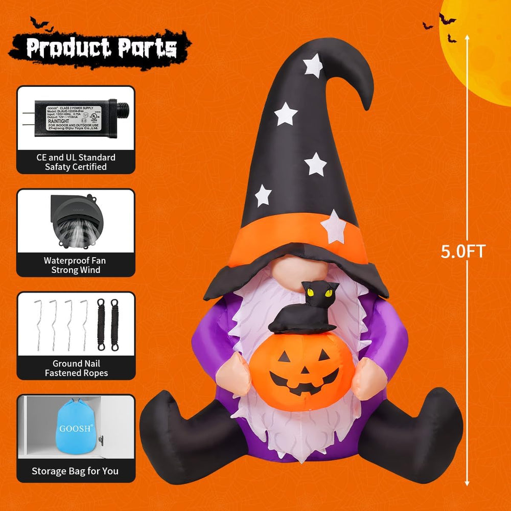 GOOSH 5 FT Halloween Gnomes Inflatables Outdoor Decorations, Gnome with Pumpk...