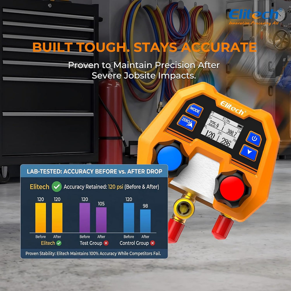 Elitech HVAC Digital Manifold Gauge Set DMG-2SE with Hoses & R410A Adapters