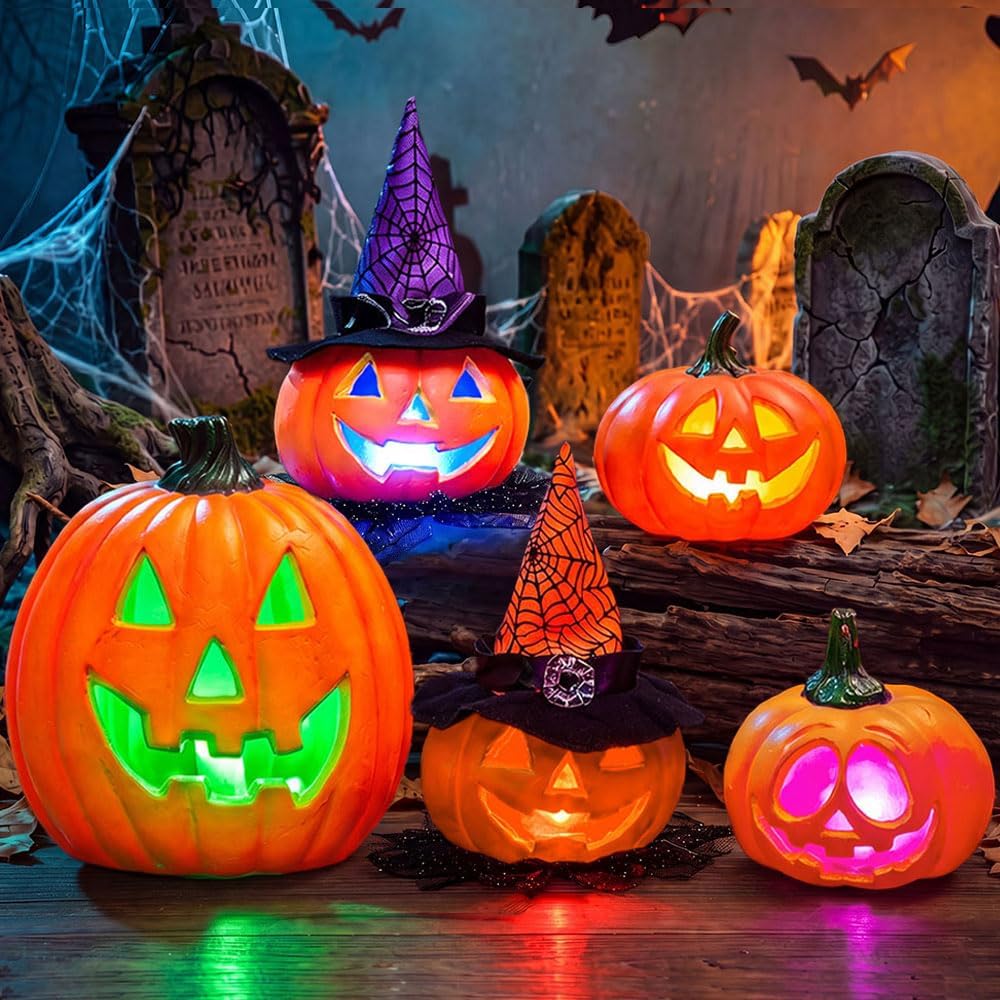 JOYIN 5 Pcs Light Up Halloween Pumpkin Decor Jack O Lantern Decorations Outdo...