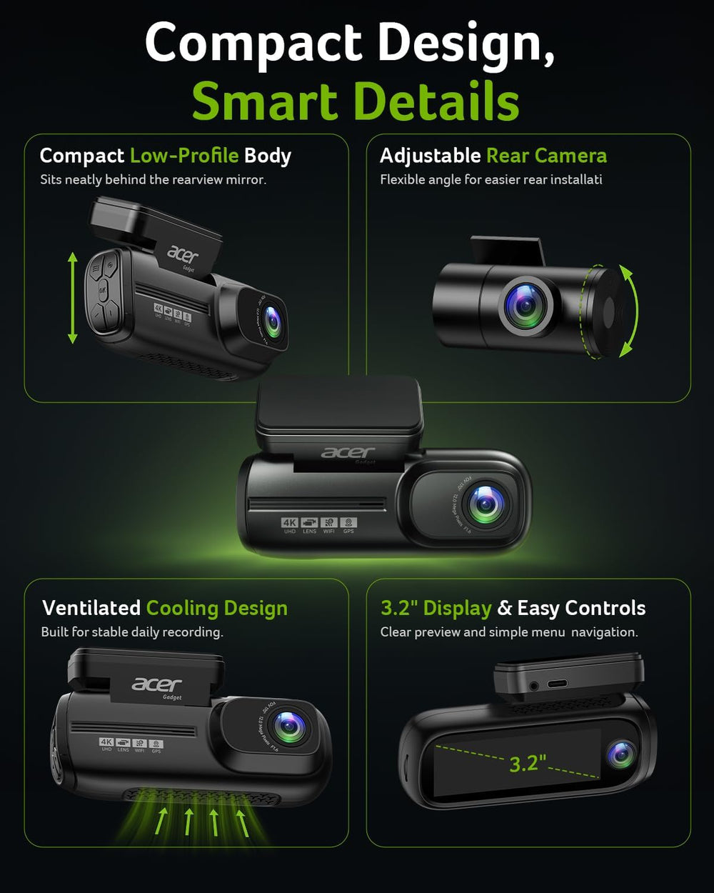Acer Gadget 4K 3 Channel Dash Cam Front and Rear Inside 64GB Card Include
