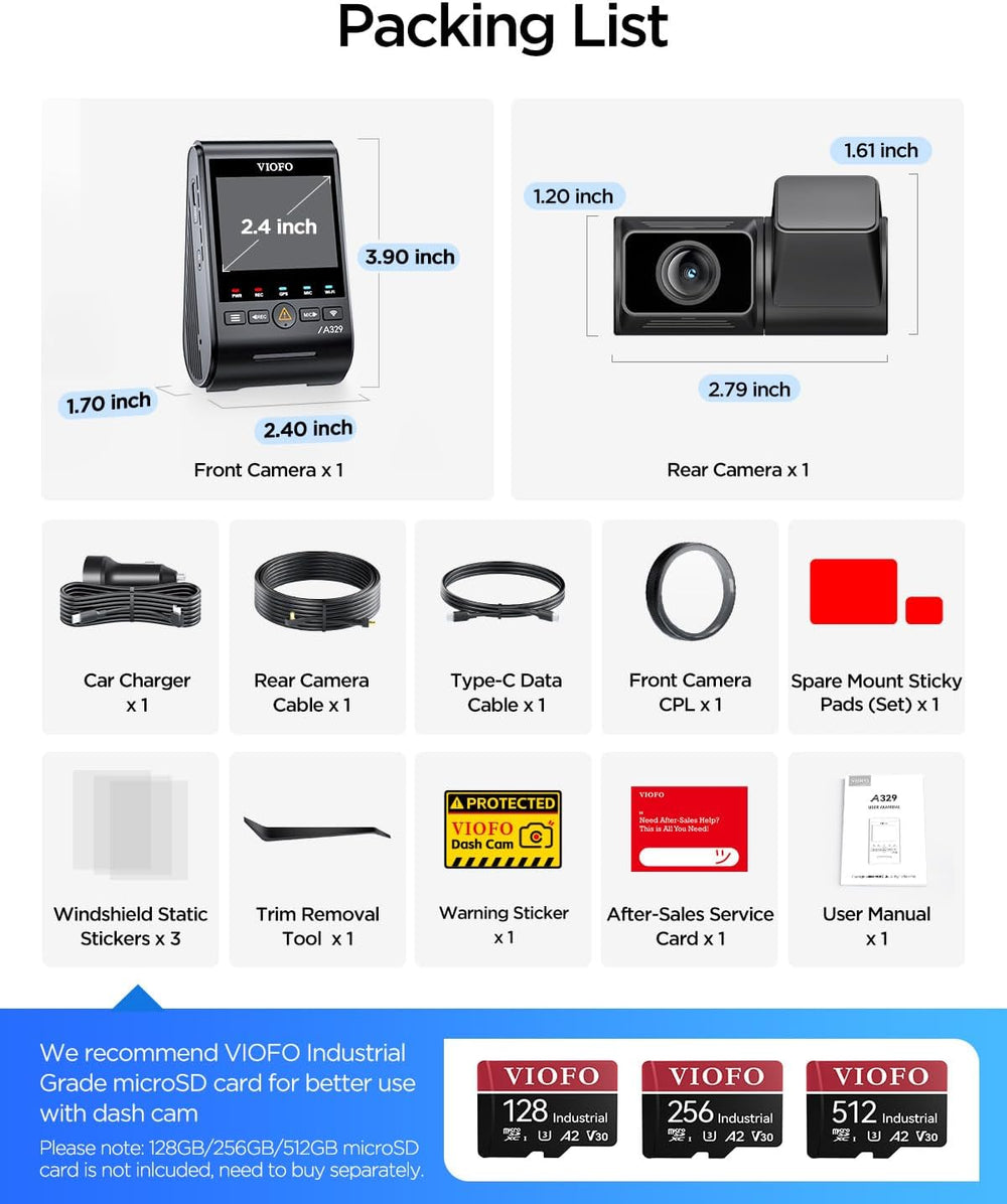 VIOFO A329S 4K 60FPS Dash Cam Front and Rear, STARVIS 2 HDR, Wi-Fi 6