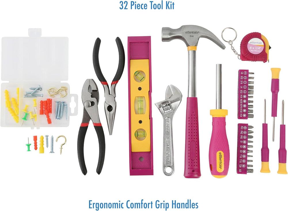 Pink Tool Set 32 Piece, Mini Tool Kit, Home Repair Tool Set with Hammer, Plie...