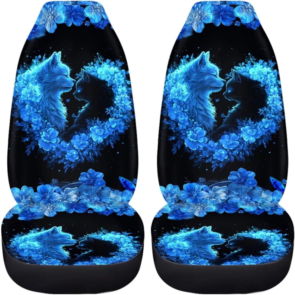 JoyLamoria Blue Cat Rose Print Front Car Seat Covers Set of 2,Universal fit f...