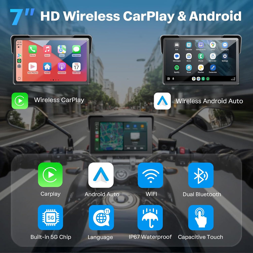 7 Inch Wireless Motorcycle Carplay GPS Navigation System with Apple Carplay a...