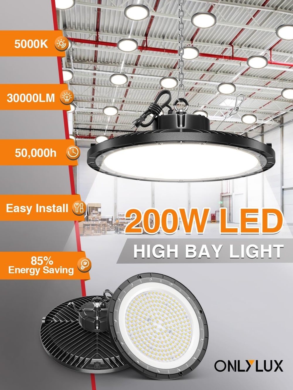 UFO High Bay Light 200W 5000K 30000LM 150LM/W 10 Pack (Eqv.800W MH/HPS)